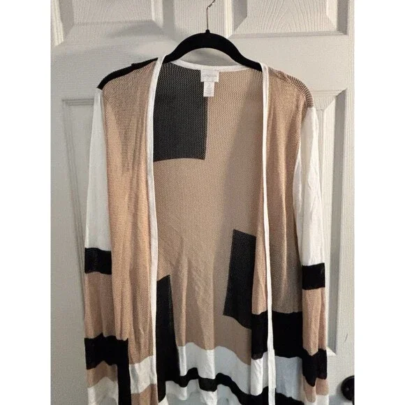 Chicos Travelers Collection Cardigan Black White Chevron Mesh Open Front Size 2 - Picture 4 of 9